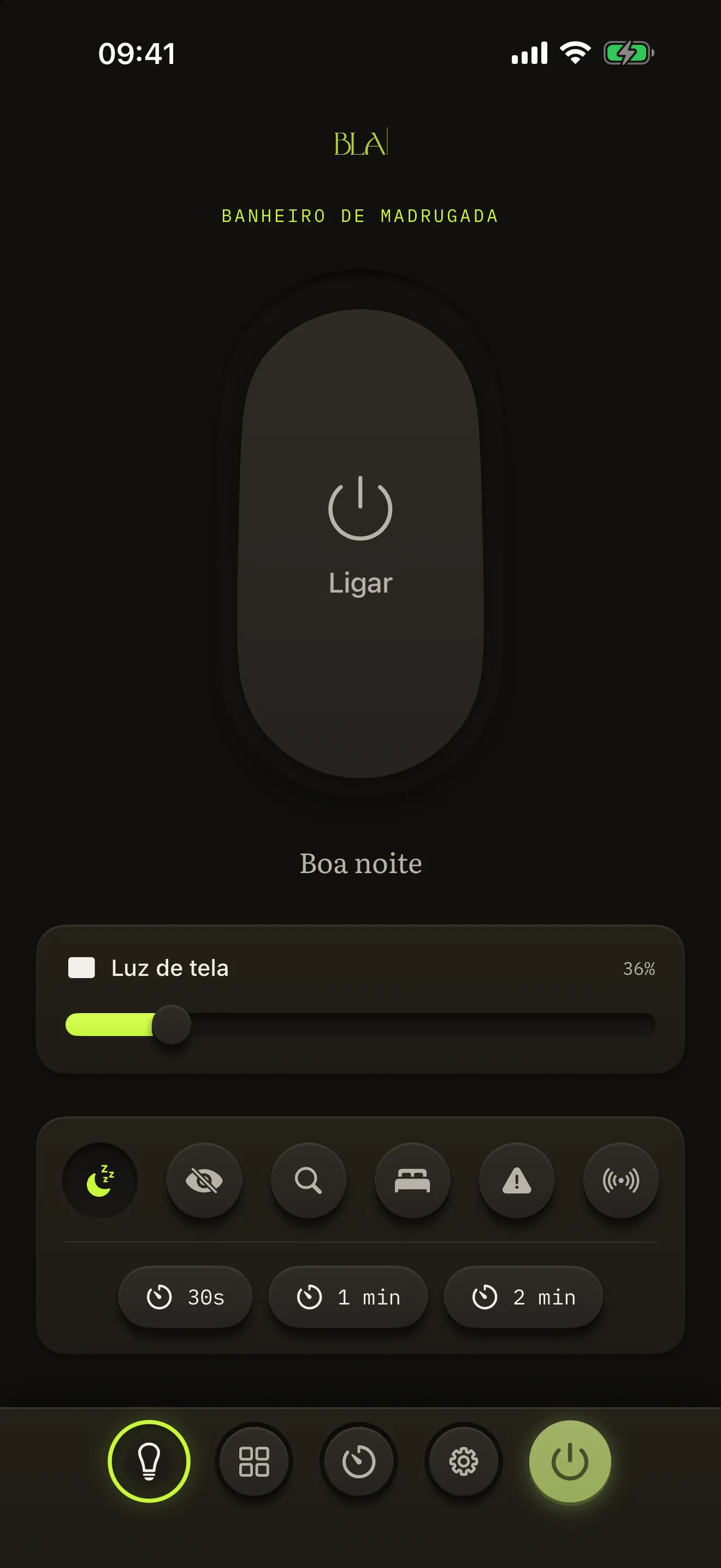 Tela do Lanterna BLA, botão de acender no centro