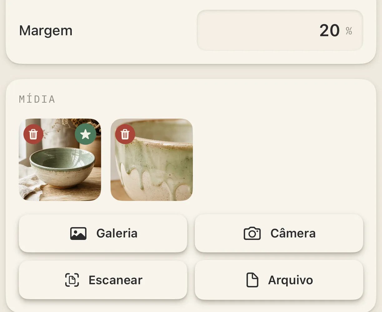 Mídia do projeto: fotos da Tigela, capa marcada, galeria, câmera, scanner e arquivo