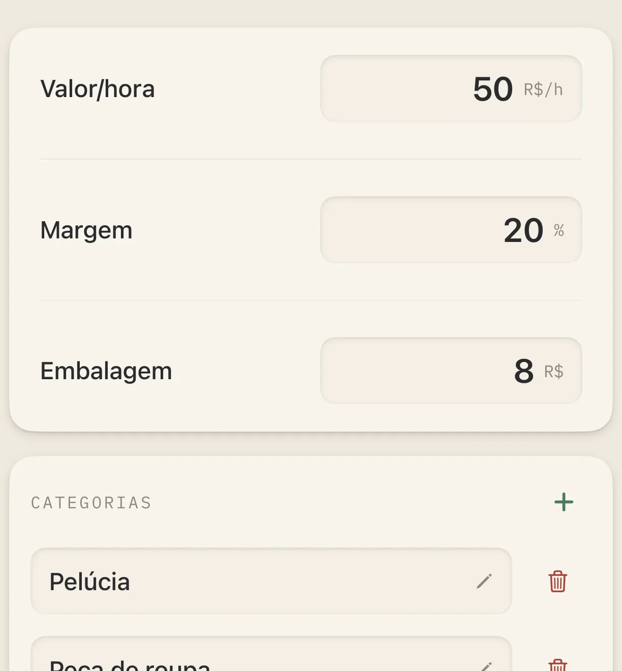 Padrões do ateliê: valor por hora, margem, embalagem e categorias editáveis