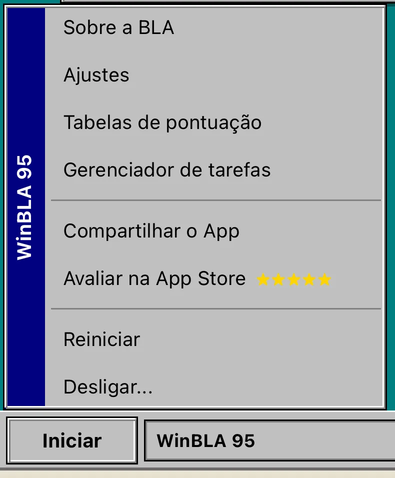 Menu Iniciar do WinBLA 95, com Ajustes, Gerenciador de tarefas, Reiniciar e Desligar
