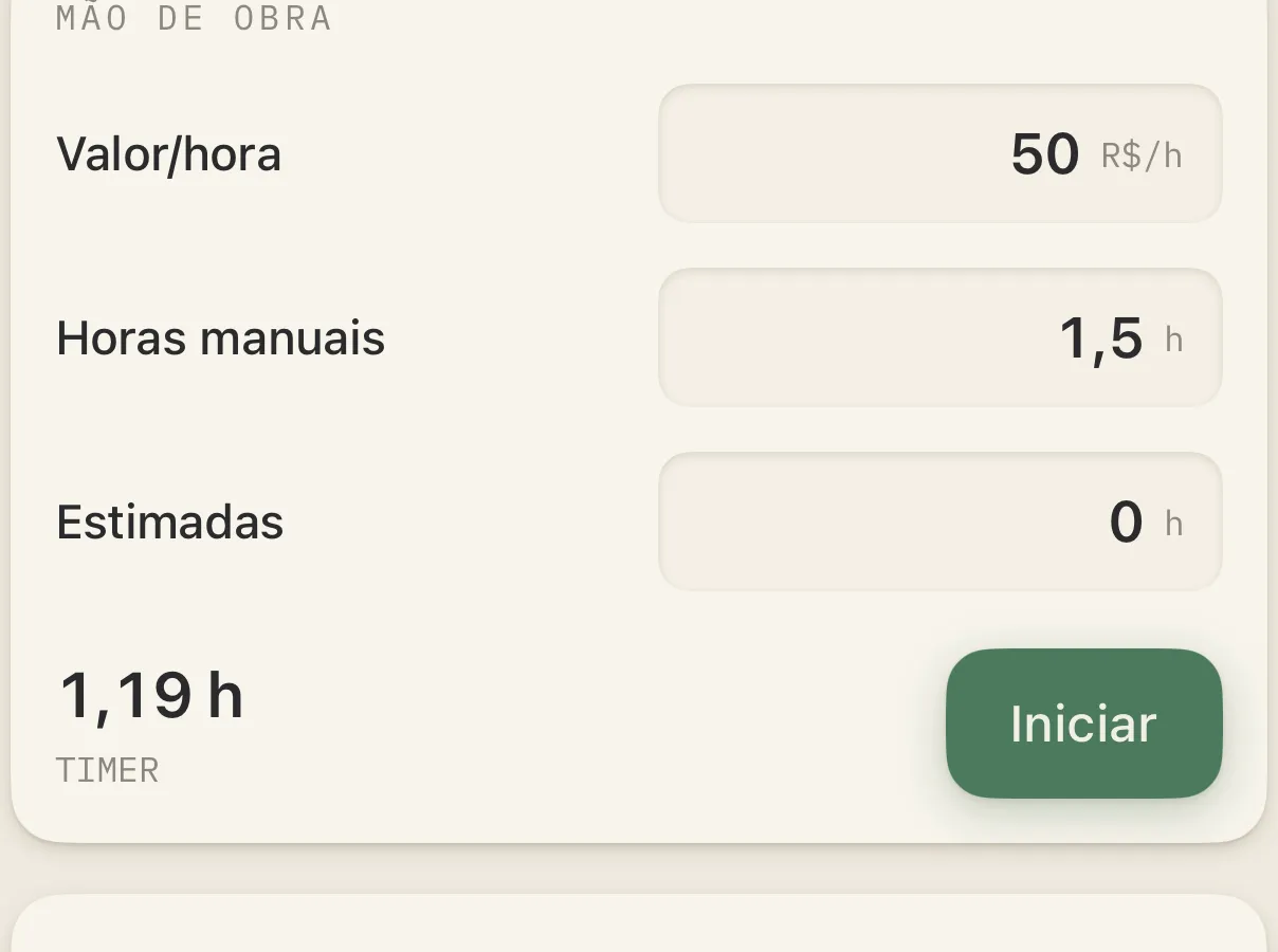 Mão de obra da Tigela: valor por hora, horas manuais e timer