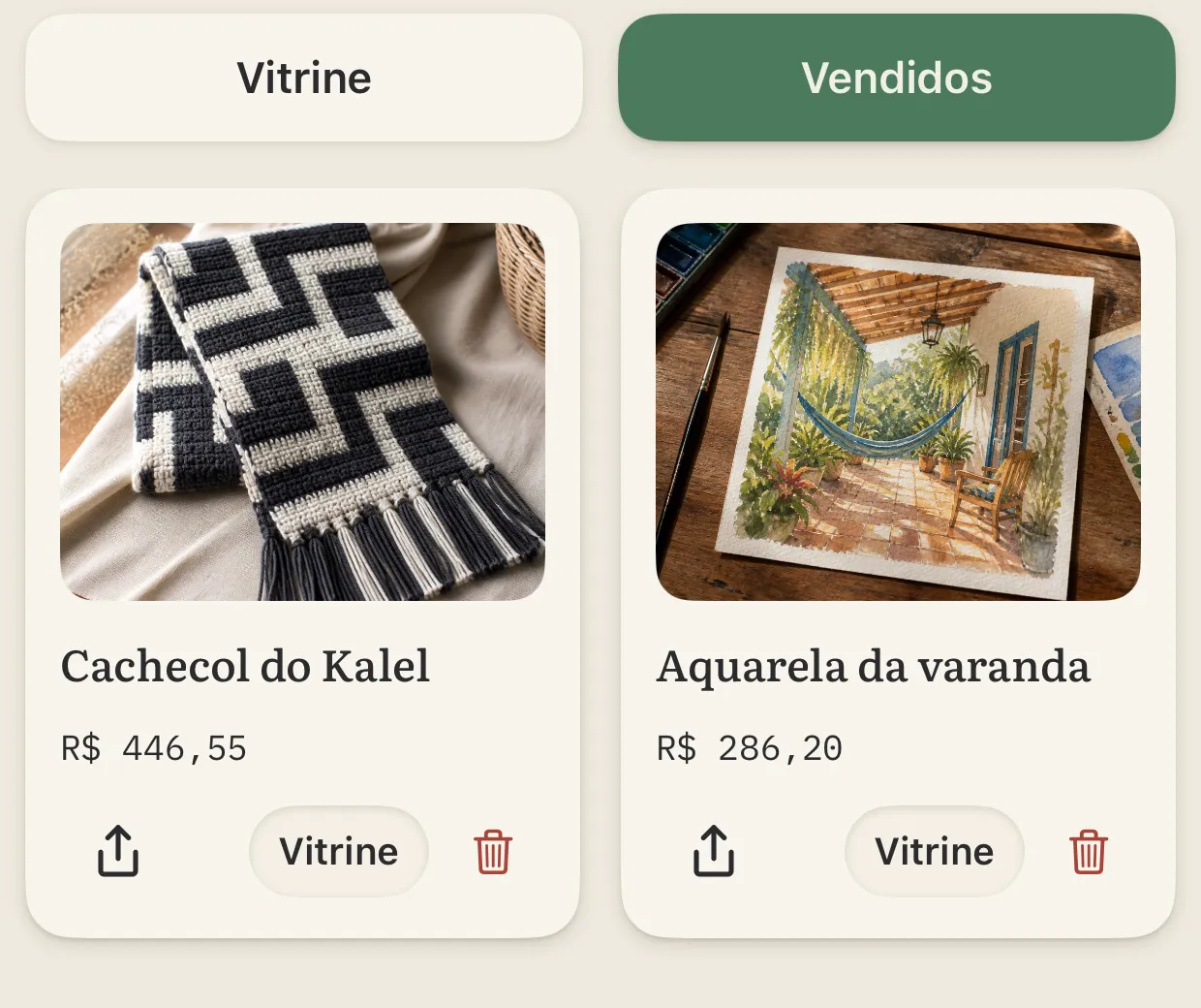 Aba Vendidos, com o Cachecol do Kalel e a Aquarela da varanda